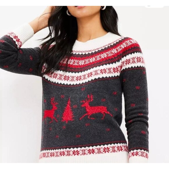 Loft Women’s Holiday Pullover Sweater Reindeer Fair Isle Petite Large Red Gray - Picture 3 of 12